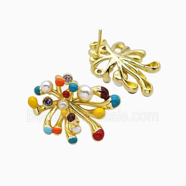 Copper Flower Stud Earrings Pave Resin Multicolor Enamel Gold Plated