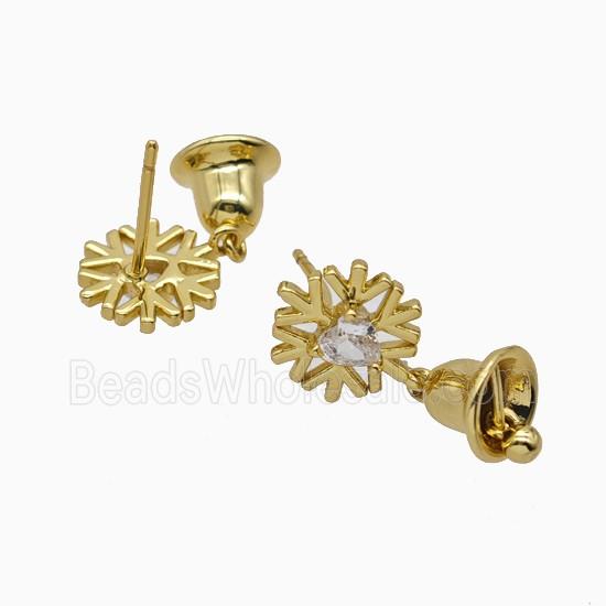 Christmas Bell And Snowflake Charms Copper Stud Earrings Pave Zirconia Gold Plated