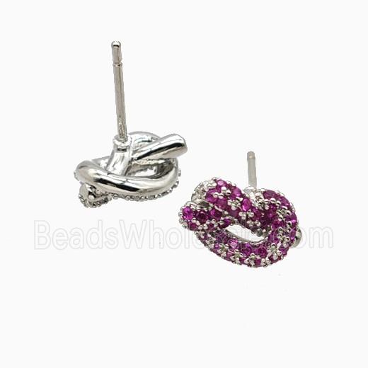 Copper Knot Stud Earrings Pave Zirconia Platinum Plated