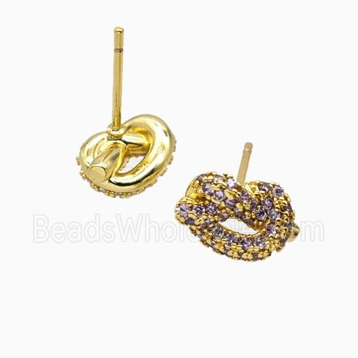 Copper Knot Stud Earrings Pave Zirconia Gold Plated