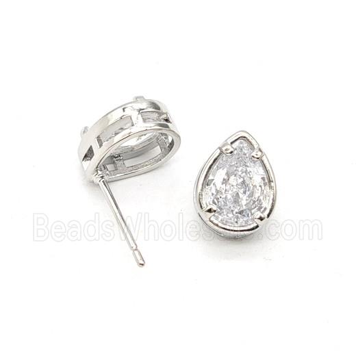 Copper Teardrop Stud Earrings Pave Zirconia Platinum Plated