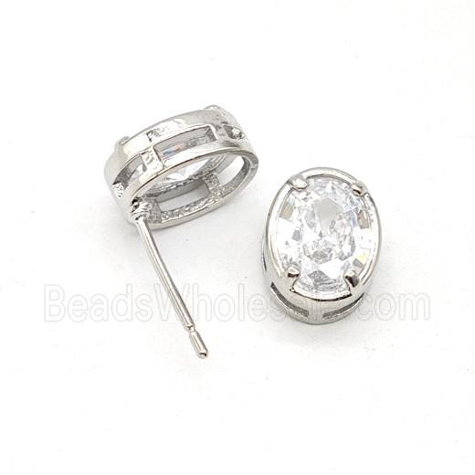 Copper Oval Stud Earrings Pave Zirconia Platinum Plated