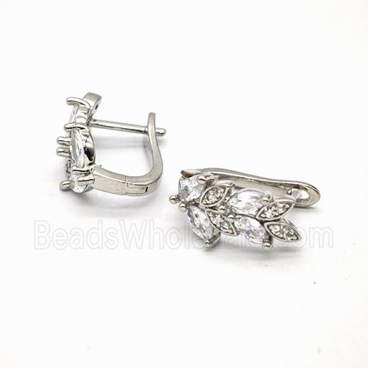 Copper Latchback Earrings Pave Zirconia Leaf Platinum Plated