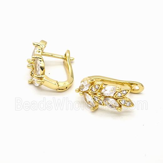 Copper Latchback Earrings Pave Zirconia Leaf Gold Plated