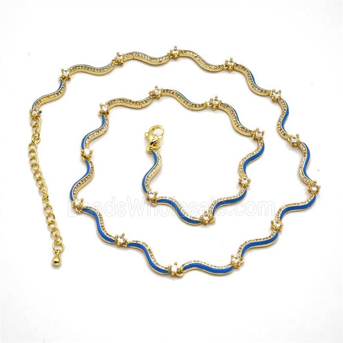 Copper Necklace Pave Zironia Blue Enamel Gold Plated