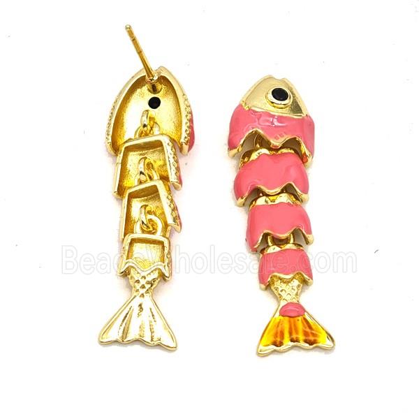 Copper Fish Stud Earrings Pink Enamel Gold Plated