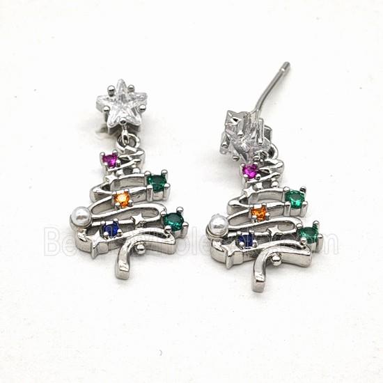 Copper Christmas Tree Stud Earrings Pave Zirconia Platinum Plated