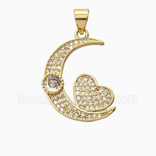 Copper Heart Moon Pendant Pave Zirconia 18K Gold Plated