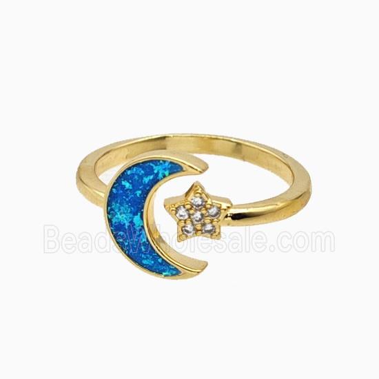 Copper Star Moon Rings Pave Zirconia Fireopal 18K Gold Plated