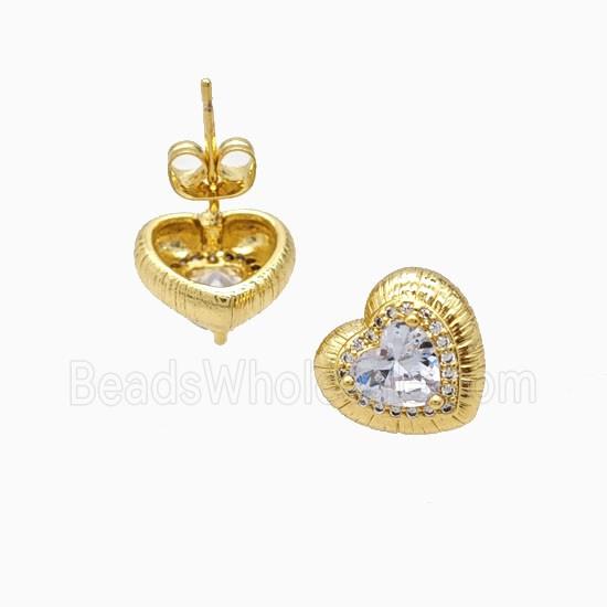 Copper Heart Stud Earrings Pave Zirconia 18K Gold Plated