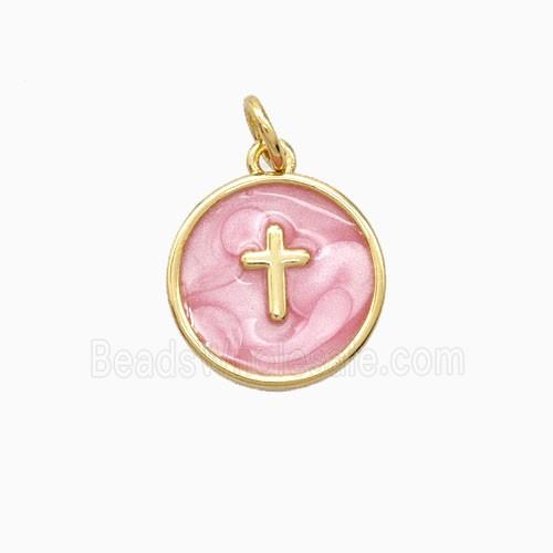 Copper Cross Pendant Pink Enamel 18K Gold Plated