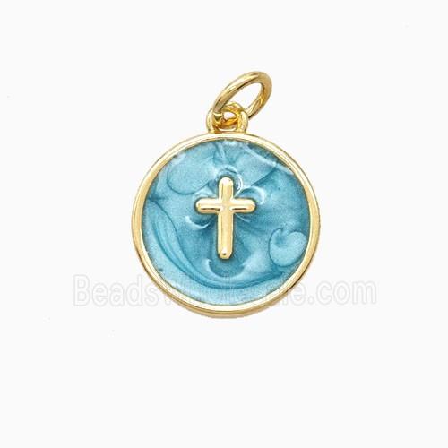 Copper Cross Pendant Teal Enamel 18K Gold Plated