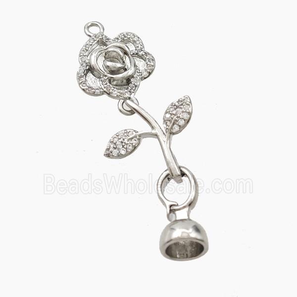 Copper Flower Pendant Pave Zirconia With Bail Platinum Plated