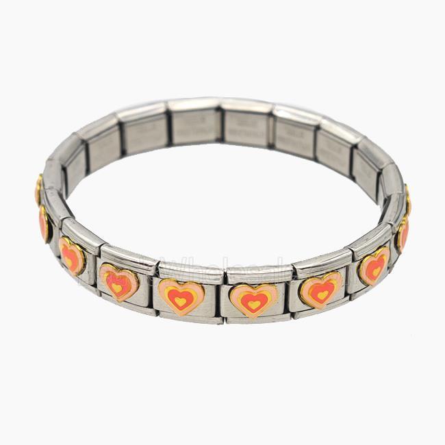 Raw Stainless Steel Module Bracelet With Heart Orange Enamel