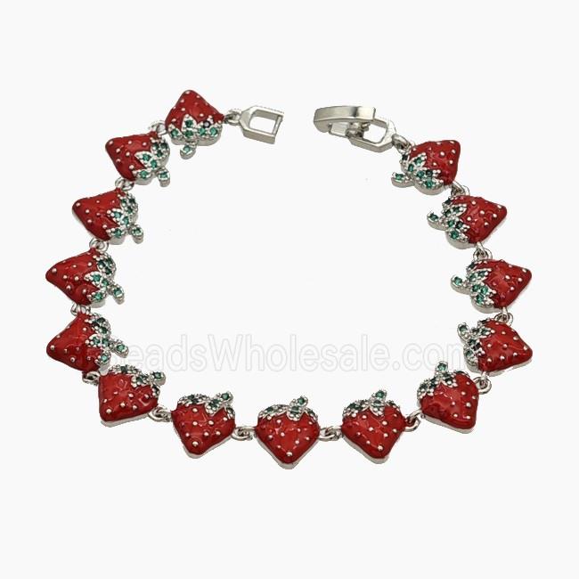 Copper Strawberry Bracelet Pave Zirconia Red Enamel Platinum Plated