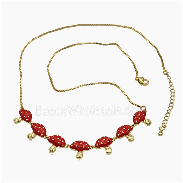 Copper Mushroom Necklace Red Enamel Gold Plated