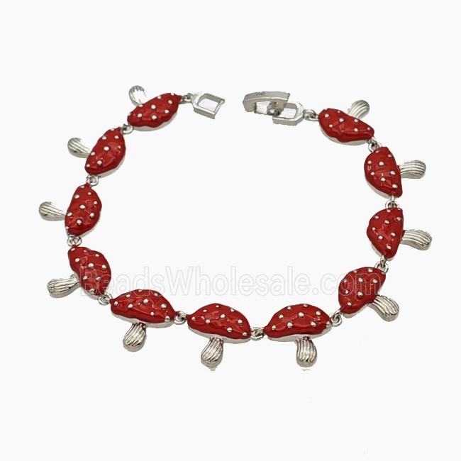 Copper Mushroom Bracelet Red Enamel Platinum Plated