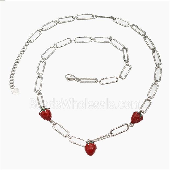 Copper Strawberry Necklace Red Enamel Platinum Plated