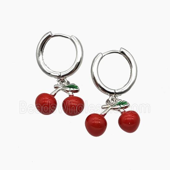 Copper Cherry Hoop Earrings Red Enamel Platinum Plated