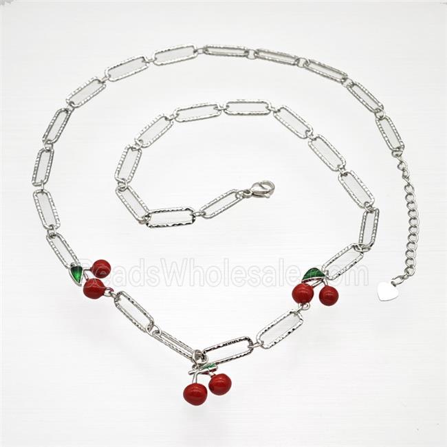 Copper Cherry Necklace Red Enamel Platinum Plated