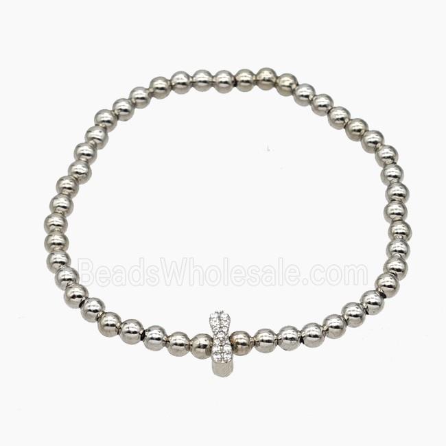 Copper Ball Bracelet With Letter-I Pave Zirconia Stretchy Platinum Plated