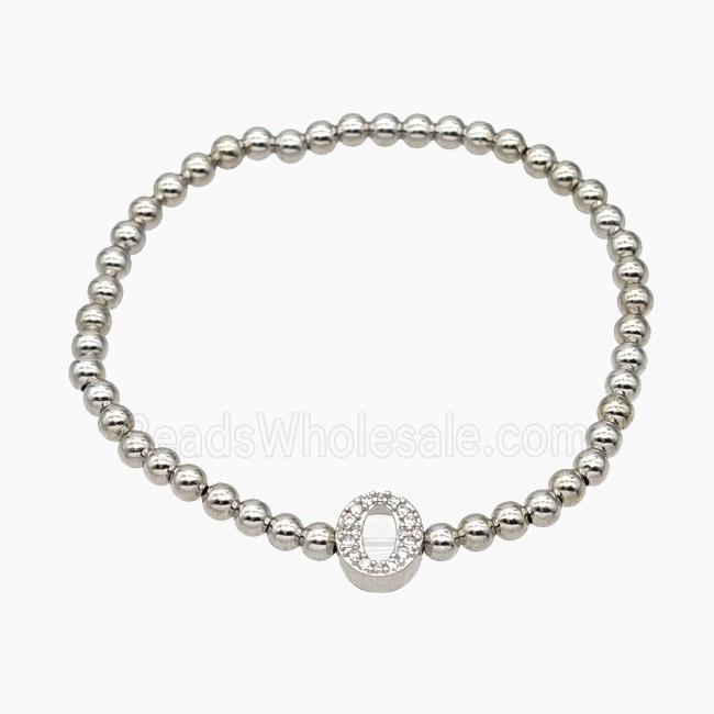 Copper Ball Bracelet With Letter-O Pave Zirconia Stretchy Platinum Plated