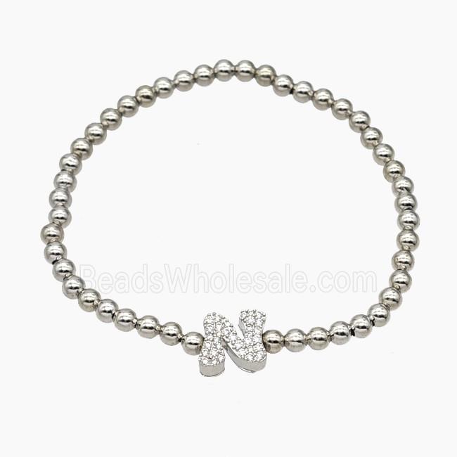 Copper Ball Bracelet With Letter-N Pave Zirconia Stretchy Platinum Plated