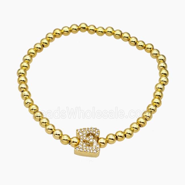 Copper Ball Bracelet With Letter-E Pave Zirconia Stretchy Gold Plated