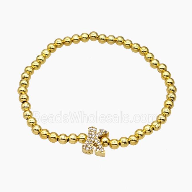 Copper Ball Bracelet With Letter-K Pave Zirconia Stretchy Gold Plated