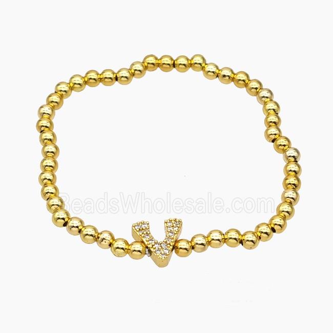Copper Ball Bracelet With Letter-V Pave Zirconia Stretchy Gold Plated