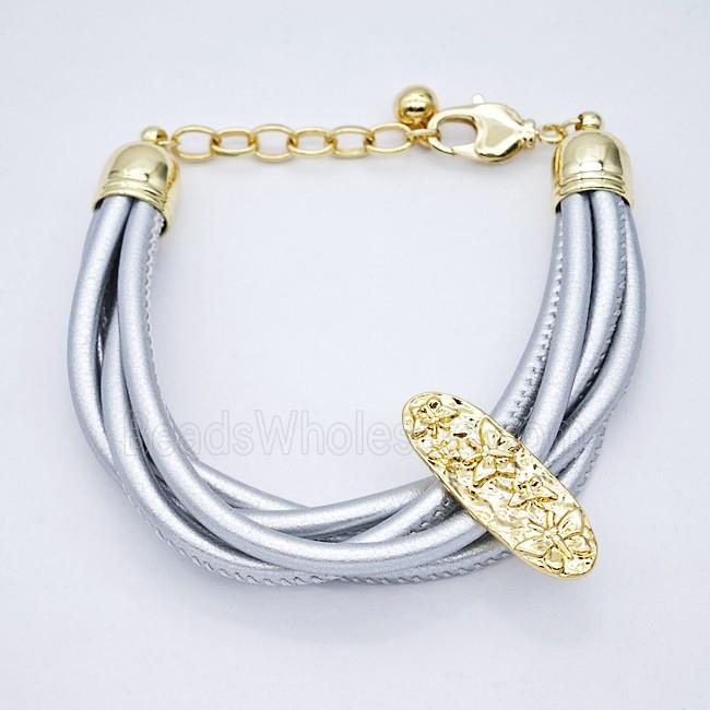 Silver PU Leather Bracelet With Copper Beads Gold Plated