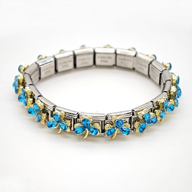 Raw Stainless Steel Module Bracelet Pave Resin Crystal Glass Clover