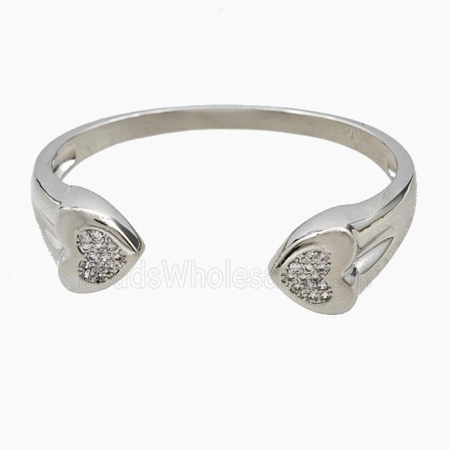 Copper Open Cuff Heart Bangles Pave Zirconia Platinum Plated