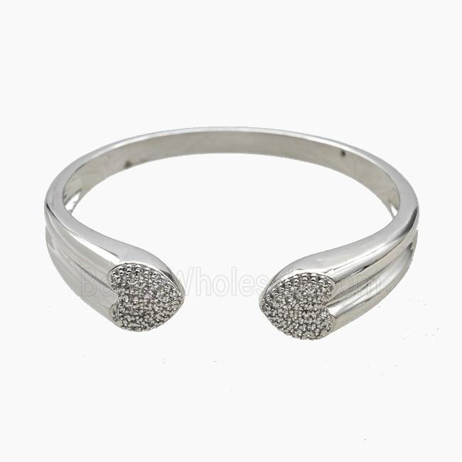 Copper Open Cuff Heart Bangles Pave Zirconia Platinum Plated