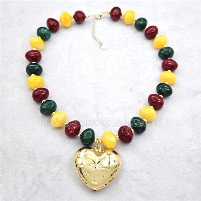Resin Necklace With Heart Pendant Multicolor Gold Plated