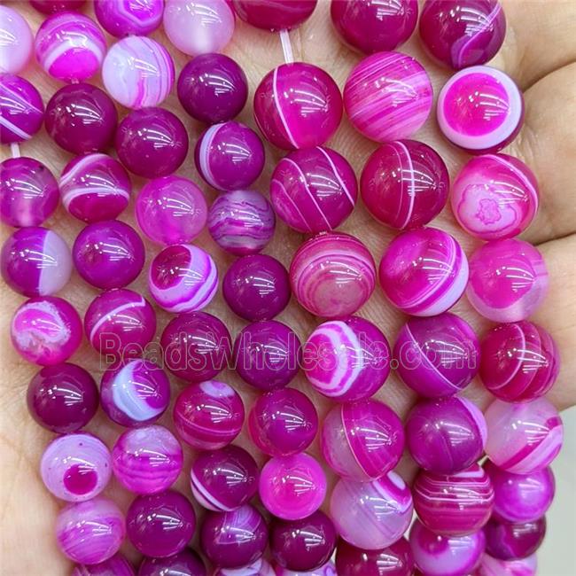 Natural Stripe Agate Beads Fuchsia Dye Smooth Round