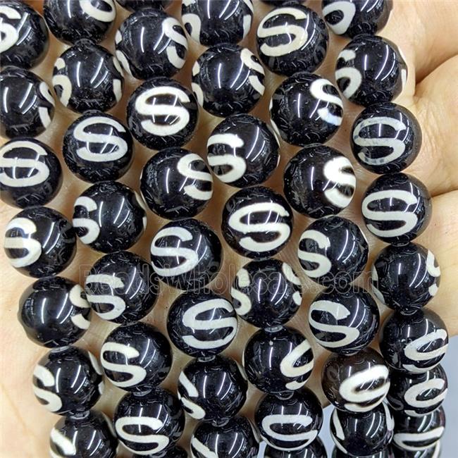 Black Tibetan Agate Beads Smooth Round
