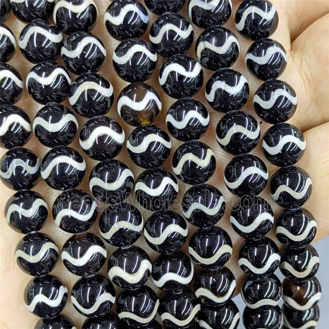 Black Tibetan Agate Beads Smooth Round Wave