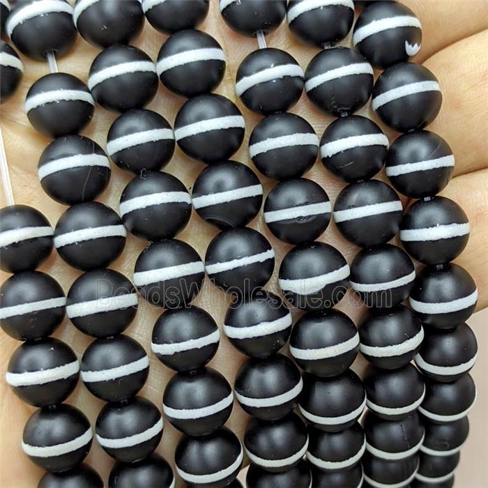 Tibetan Agate Beads Black Round White Line