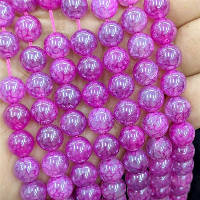 Natural Dragon Veins Agate Beads Hotpink Dye Smooth Round Electroplated
