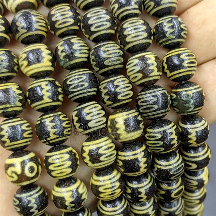 Black Tibetan Agate Round Beads Yellow
