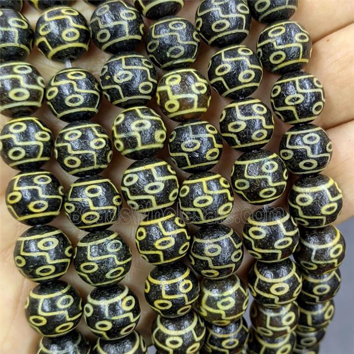 Black Tibetan Agate Round Beads Yellow