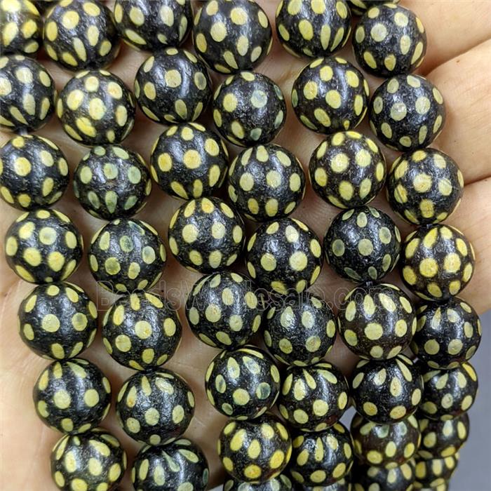 Black Tibetan Agate Round Beads Yellow Spot