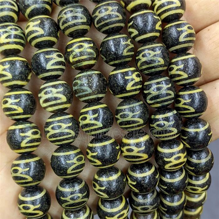 Black Tibetan Agate Round Beads Yellow