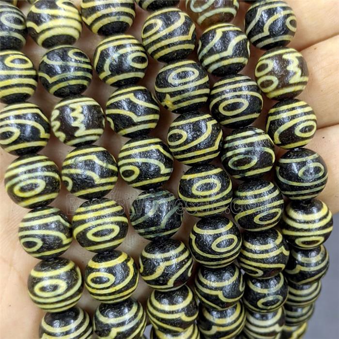 Black Tibetan Agate Round Beads Yellow