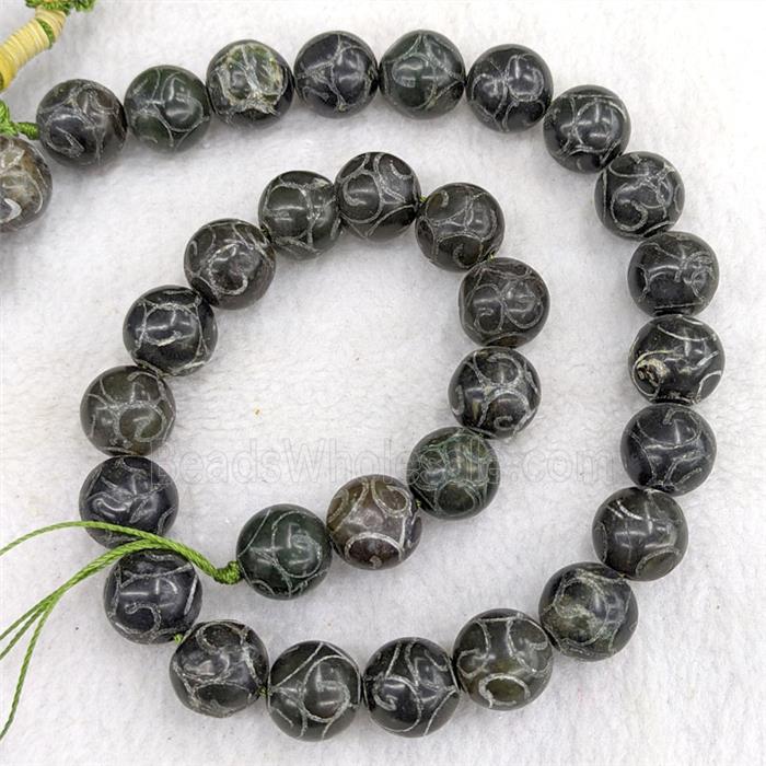 Chinese Huaxiu Jade Round Beads Carved Black Dye