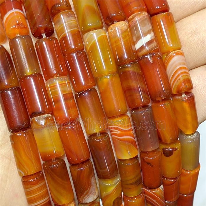 Red Stripe Agate Tube Beads Banded Dye
