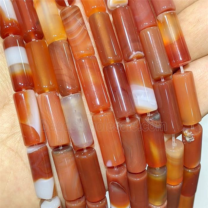 Red Stripe Agate Tube Beads Banded Dye