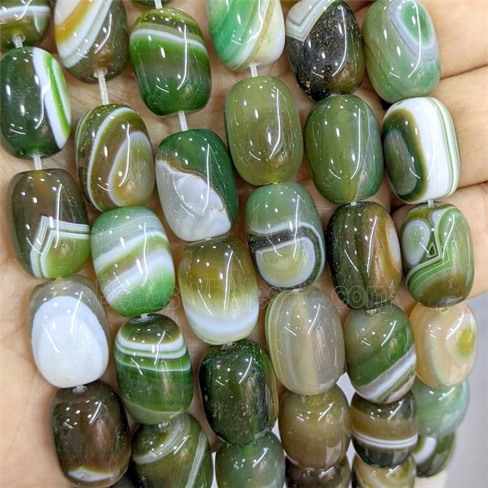 Green Stripe Agate Barrel Beads Banded Dye