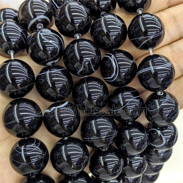Natural Black Stripe Agate Beads Banded Dye Smooth Round